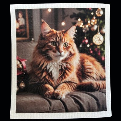 disktrasa med motiv av en röd katt i soffan julgran