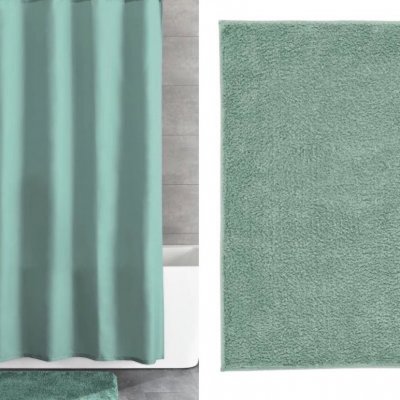 paket med grön duschdraperi och badrumsmatta